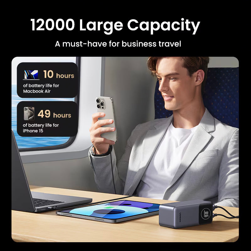 Ekstern batteri UGREEN PB724, 12000mAh, 100W, QC + PD, 1 x USB-A - 1 x USB-C, Grå