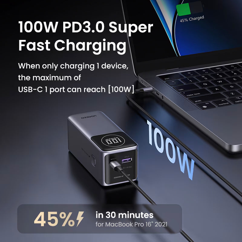 Ekstern batteri UGREEN PB724, 12000mAh, 100W, QC + PD, 1 x USB-A - 1 x USB-C, Grå
