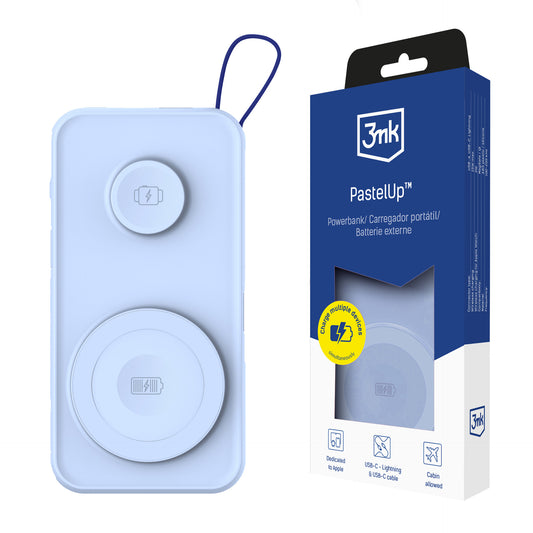 3MK PastelUp trådløst eksternt batteri, 10000mAh, 22,5W, QC + PD + FQI, 1 x USB-A - 1 x USB-C - 2 x QI, blå