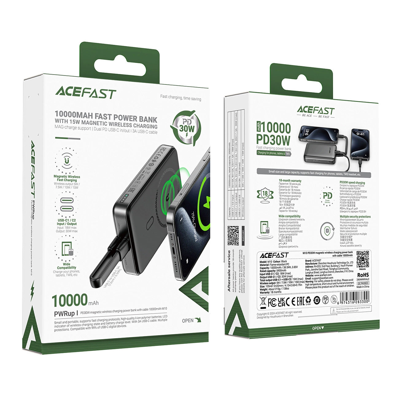 Ekstern trådløs batteri Acefast M10, 10000mAh, 30W, PD + FQI, 1 x QI - 2 x USB-C, Sort