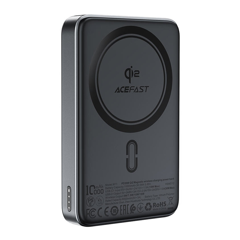 Trådløs Ekstern Batteri Acefast M11, 10000mAh, 30W, PD + FQI, 1 x QI - 1 x USB-C, Sort