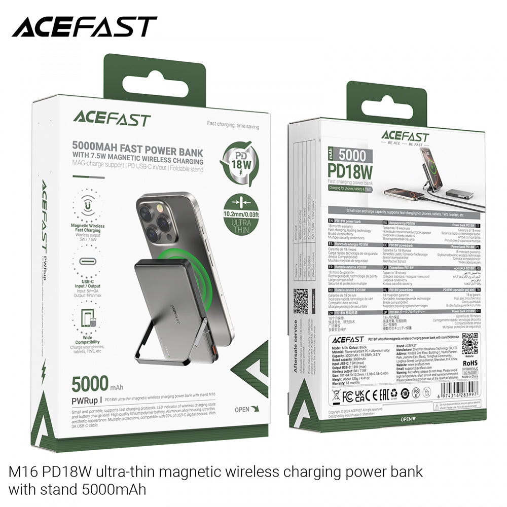 Trådløs Ekstern Batteri Acefast M16, 5000mAh, 18W, PD + FQI, 1 x QI - 1 x USB-C, Sort