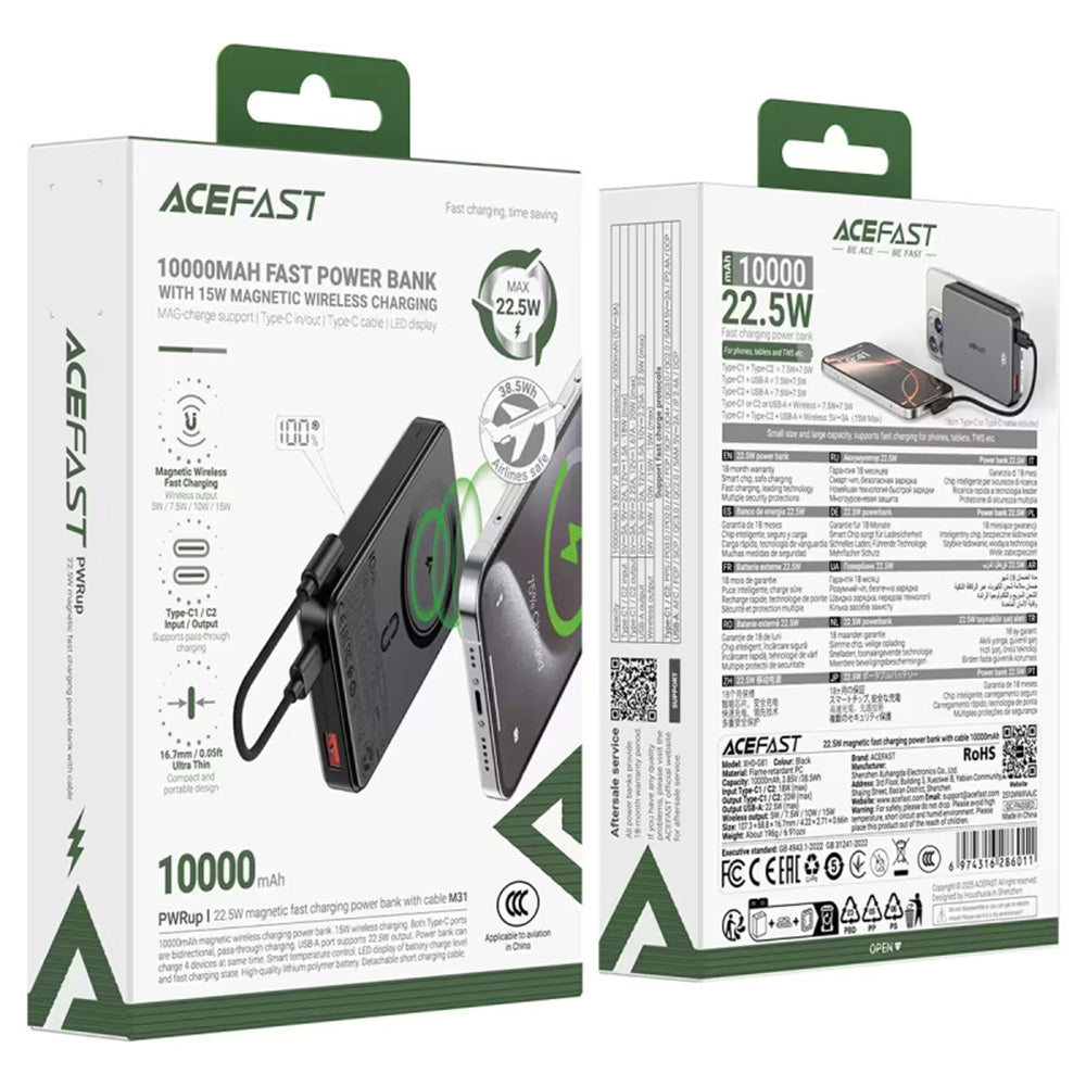 Ekstern trådløs batteri Acefast M31, 10000mAh, 22.5W, QC + PD + FQI, 1 x QI - 1 x USB-A - 2 x USB-C, Sort