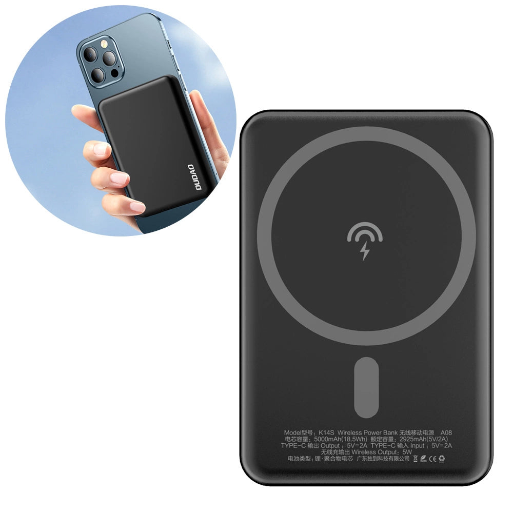 Ekstern Trådløs Batteri Dudao K14S, 5000mAh, 10W, PD + QI, 1 x QI - 1 x USB-C, Sort