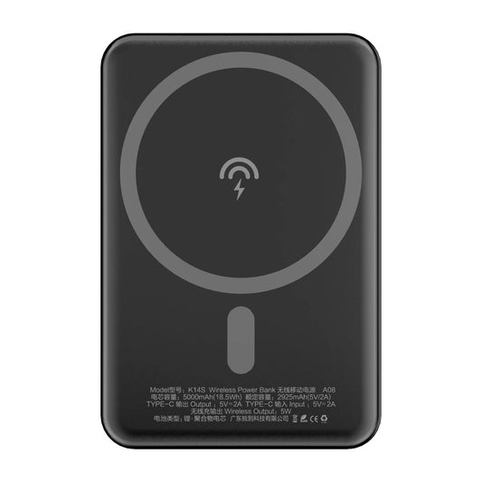 Dudao K14S trådløst eksternt batteri, 5000mAh, 10W, PD + QI, 1 x QI - 1 x USB-C, sort