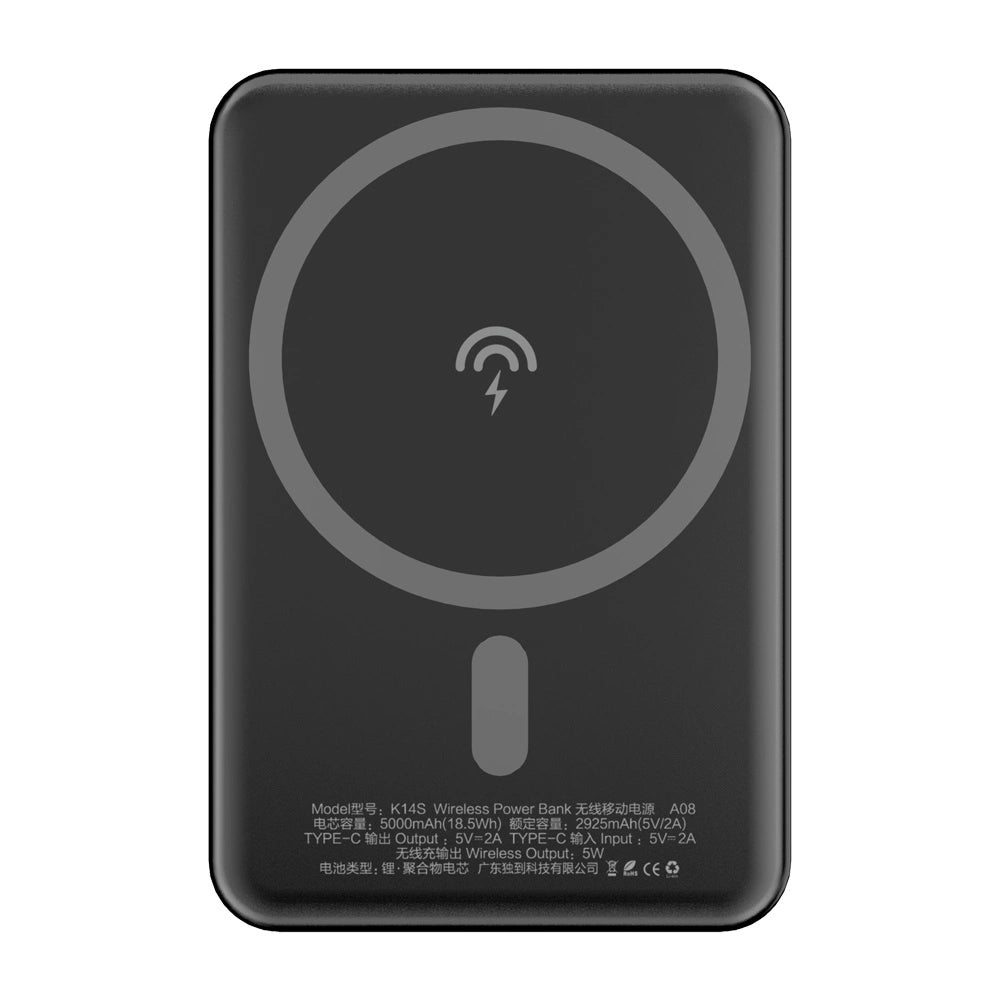 Ekstern Trådløs Batteri Dudao K14S, 5000mAh, 10W, PD + QI, 1 x QI - 1 x USB-C, Sort