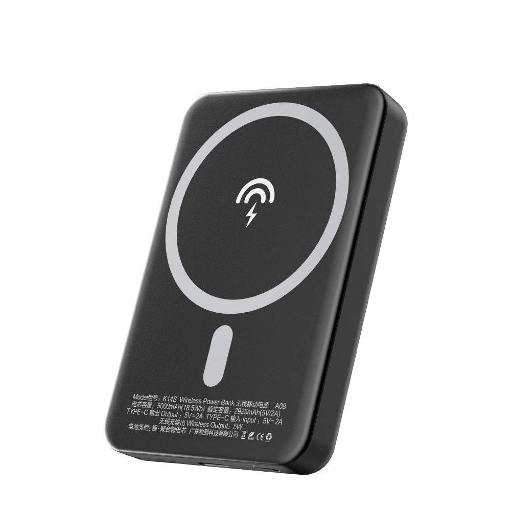 Ekstern Trådløs Batteri Dudao K14S, 5000mAh, 10W, PD + QI, 1 x QI - 1 x USB-C, Sort