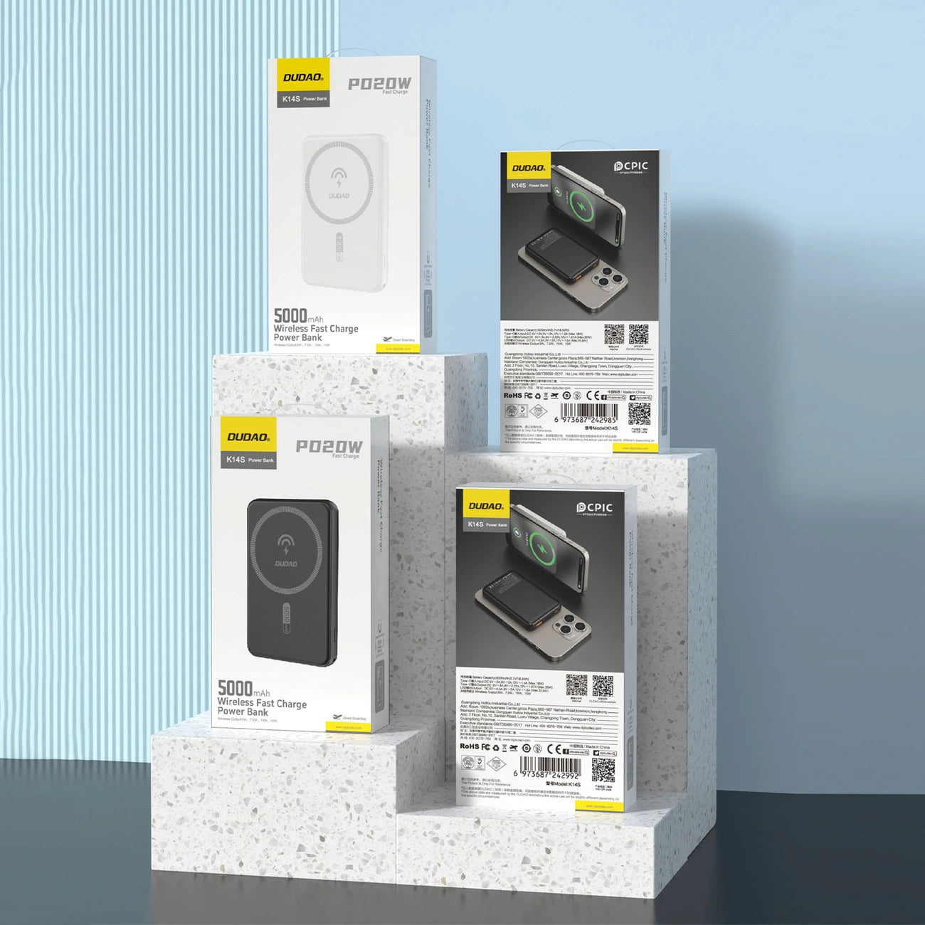 Ekstern Trådløs Batteri Dudao K14S, 5000mAh, 10W, PD + QI, 1 x QI - 1 x USB-C, Sort