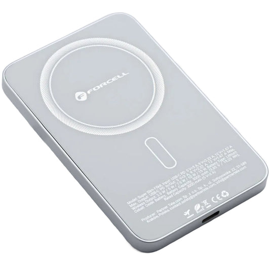 Ekstern trådløs batteri Forcell F5K8, 5000mAh, 15W, PD + FQI, 1 x QI - 1 x USB-C, Hvid