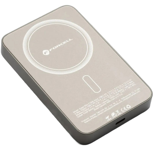 Ekstern trådløs batteri Forcell F5K8, 5000mAh, 15W, PD + FQI, 1 x QI - 1 x USB-C, Gylden