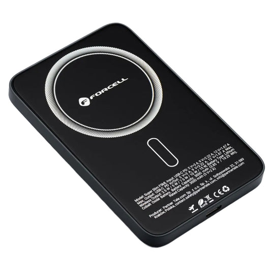 Ekstern trådløs batteri Forcell F5K8, 5000mAh, 15W, PD + FQI, 1 x QI - 1 x USB-C, Sort