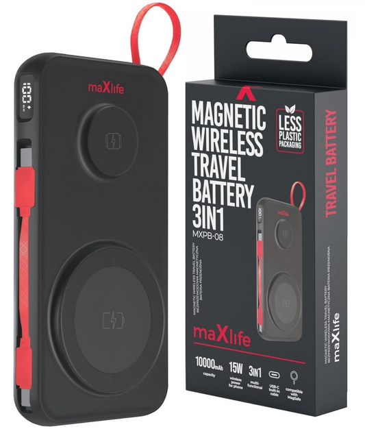 Ekstern trådløs batteri MaXlife MXPB-08, 10000mAh, 22.5W, QC + PD + FQI + QI, 1 x USB-A - 1 x USB-C - 2 x QI, Sort