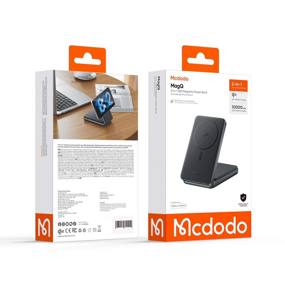 Ekstern trådløs batteri McDodo MC-6310 2in1, 10000mAh, 20W, PD + FQI, 1 x USB-C, Sort