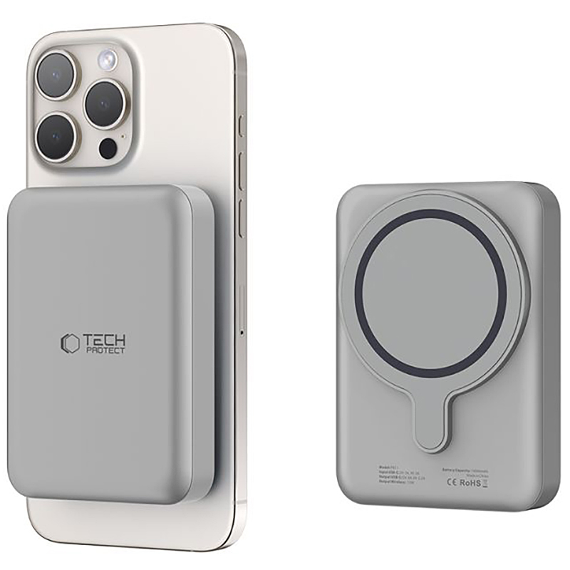 Trådløs Ekstern Batteri Tech-Protect PB11 LifeMag, 10000mAh, 15W, PD + FQI, 1 x QI - 1 x USB-C, Grå, Genforseglet