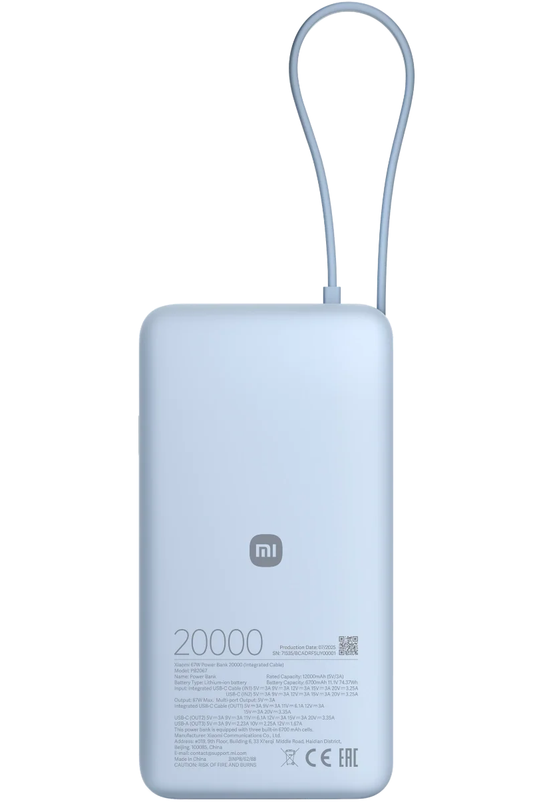 Xiaomi Ekstern Batteri, 20000mAh, 67W, QC + PD, 1 x USB-A - 2 x USB-C, Blå BHR08O8GL