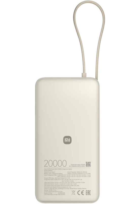Xiaomi Ekstern Batteri, 20000mAh, 67W, QC + PD, 1 x USB-A - 2 x USB-C, Beige BHR08O7GL