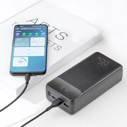Eksternt batteri XO Design PR201, 30000mAh, 65W, QC + PD, 1 x USB-C - 2 x USB-A, Sort