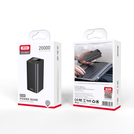 Eksternt batteri XO Design PB97, 20000mAh, 65W, QC + PD, 2 x USB-A - 2 x USB-C, Sort
