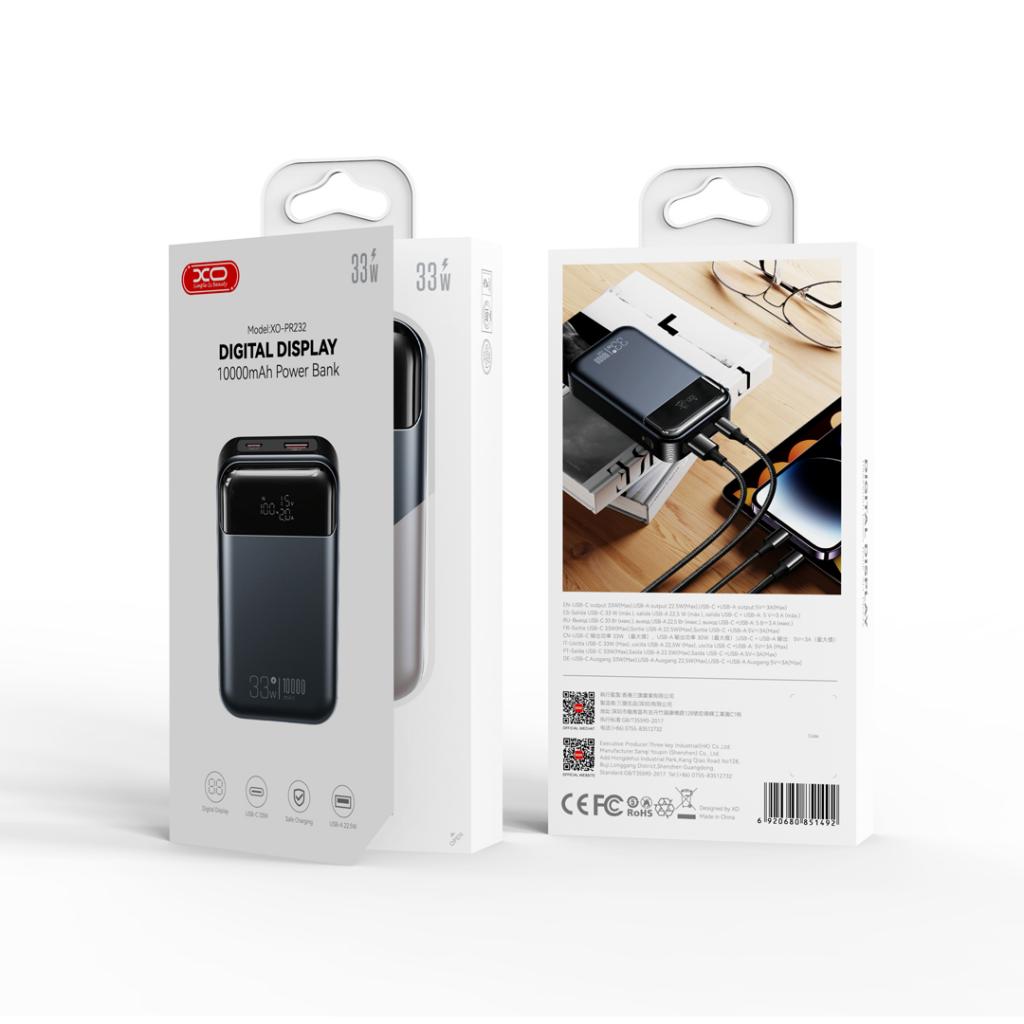 Eksternt batteri XO Design PR232, 10000mAh, 33W, QC + PD, 1 x USB-A - 1 x USB-C, Sort