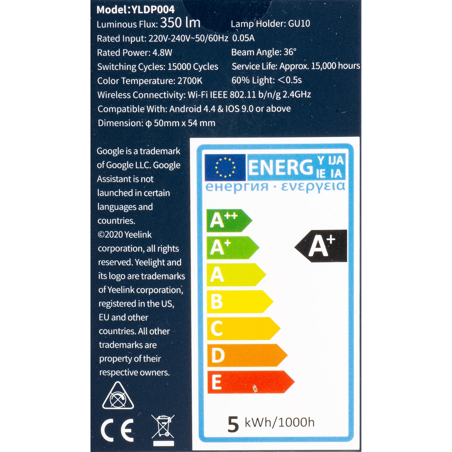 LED-pære Yeelight W1, Wi-Fi, GU10, 4.8W, 2700K, 350lm YLDP004