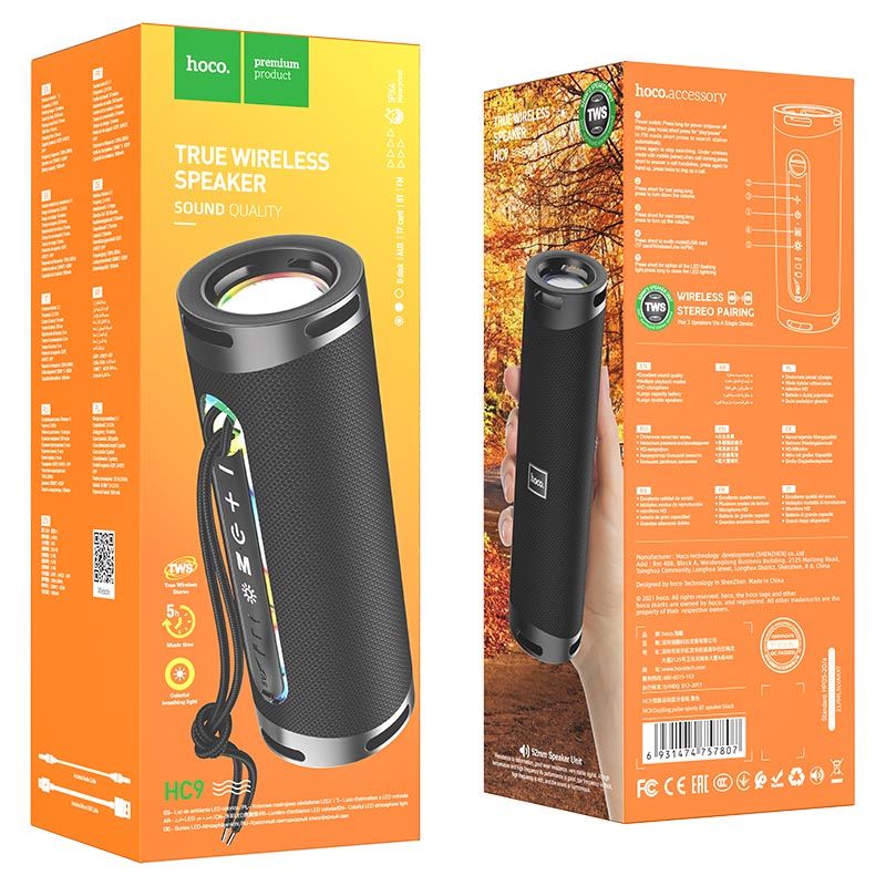 Bærbar Bluetooth-højttaler HOCO HC9 Dazzling Pulse Sports, 10W, TWS, RGB, Sort