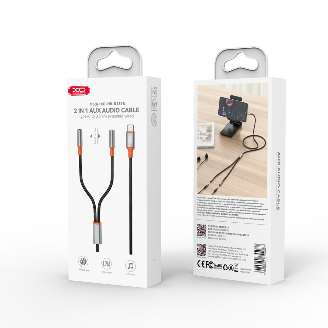 Audio Splitter Kabel USB-C - 2 x 3.5mm XO Design NB-R269B 2in1, 1.2m, Sort