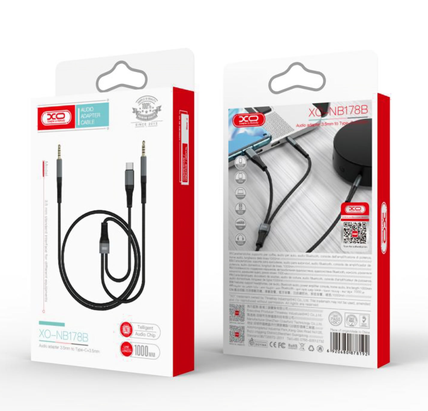 Audio kabel USB-C / 3.5mm - 3.5mm XO Design NB178B, 1m, Sort