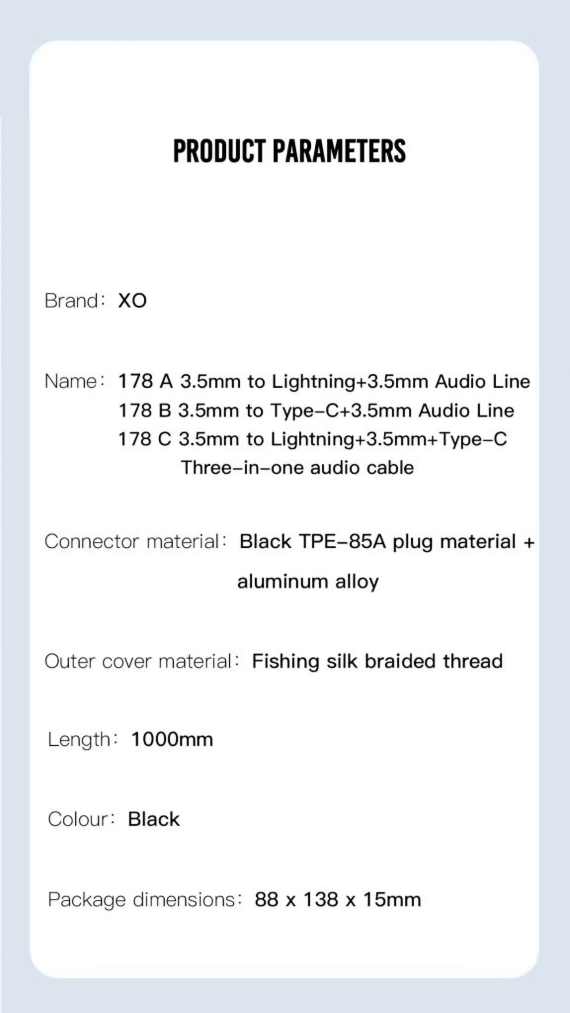 Audio kabel USB-C / 3.5mm - 3.5mm XO Design NB178B, 1m, Sort