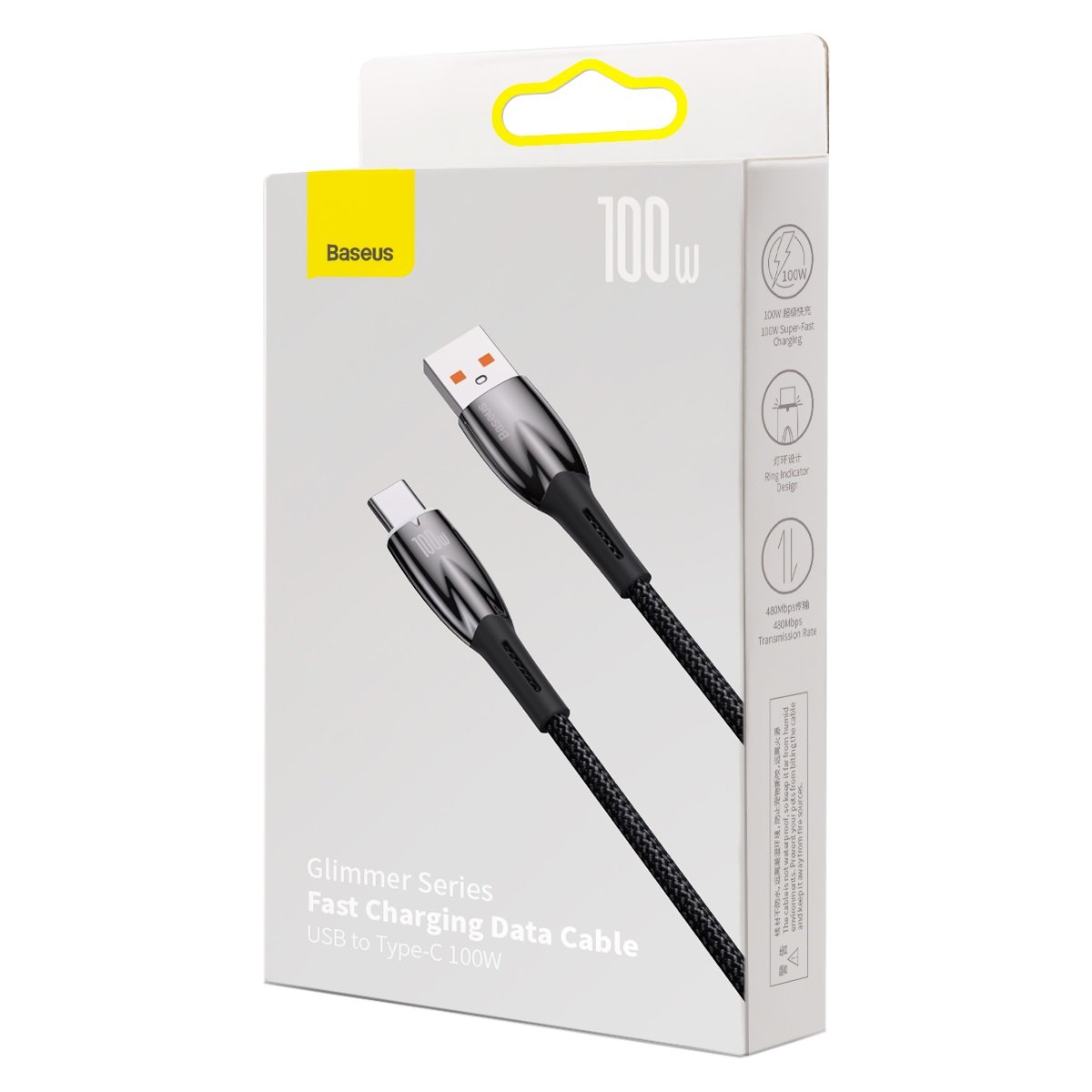 USB-A til USB-C Baseus Glimmer Series data- og opladningskabel, 100W, 2m, sort CADH000501 CADH000501