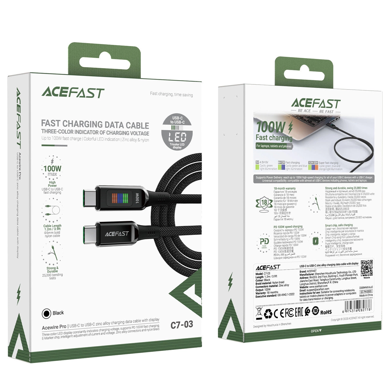 Data- og opladningskabel USB-C - USB-C Acefast C7-03, 100W, 1,2m, Sort