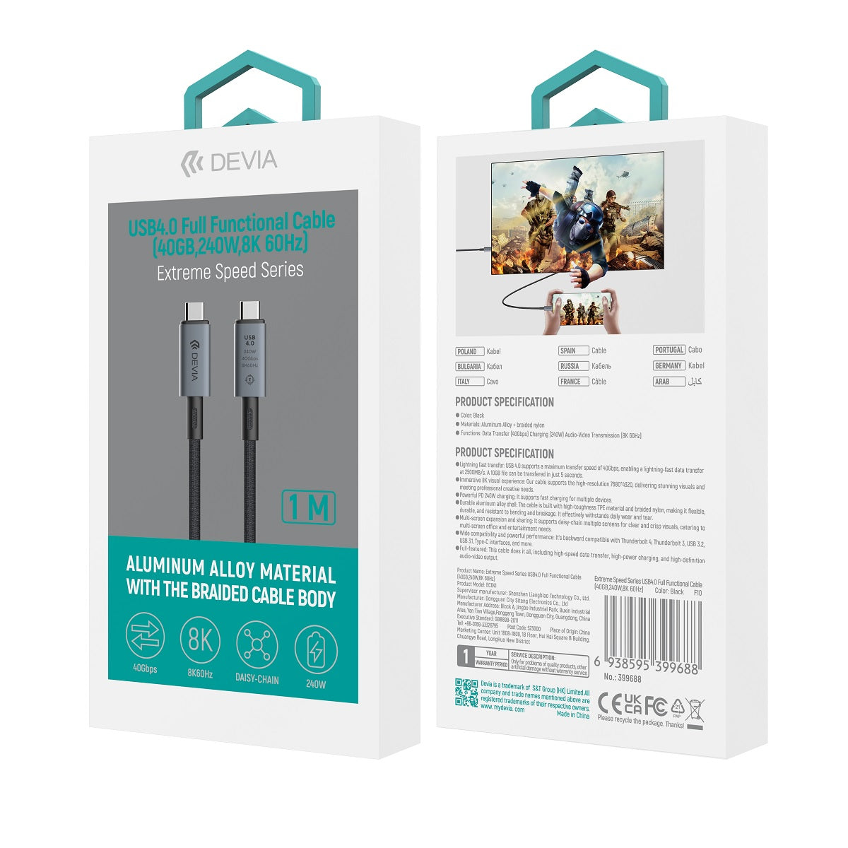 USB-C Data- og Opladningskabel - USB-C DEVIA EC641, 240W, 1m, Sort