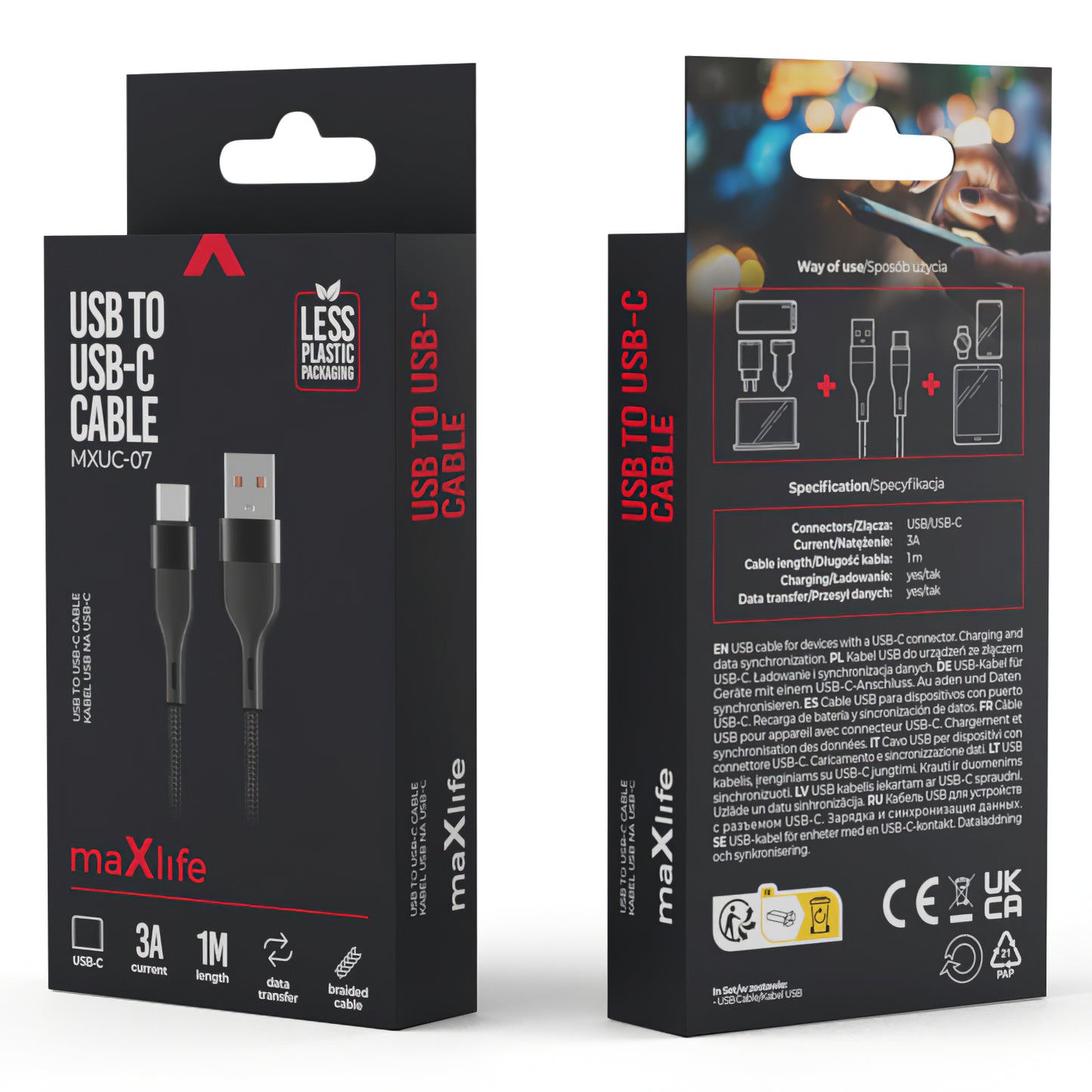 USB-A til USB-C MaXlife MXUC-07, 20W, 1m, sort