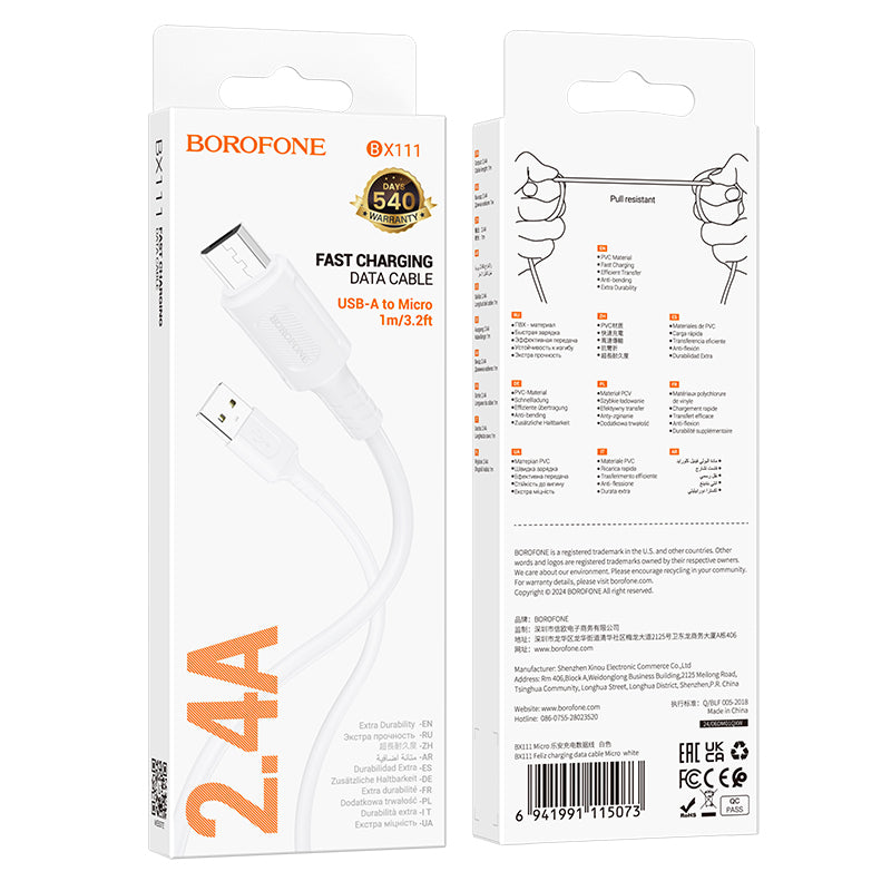 Data- og opladningskabel USB-A - microUSB Borofone BX111 Feliz, 18W, 1m, hvid
