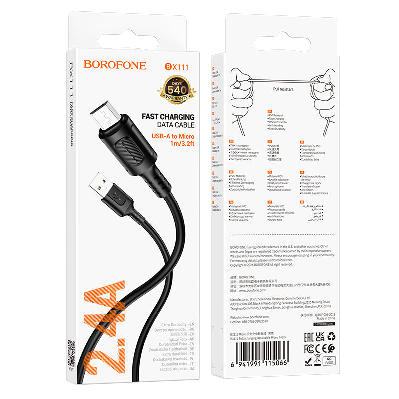Data- og opladningskabel USB-A - microUSB Borofone BX111 Feliz, 18W, 1m, Sort