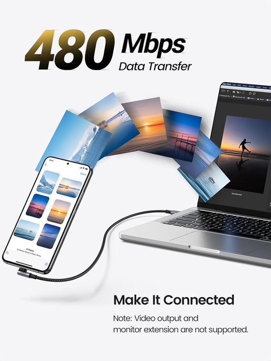 USB-C data- og opladerkabel - USB-C UGREEN US334 vinklet, 100W, 2m, sort