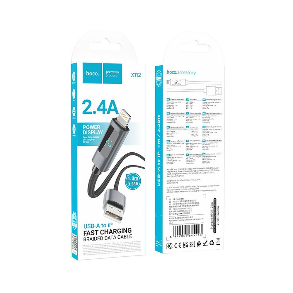 Data- og opladningskabel USB-A - Lightning HOCO Display X112, 18W, 1m, Sort