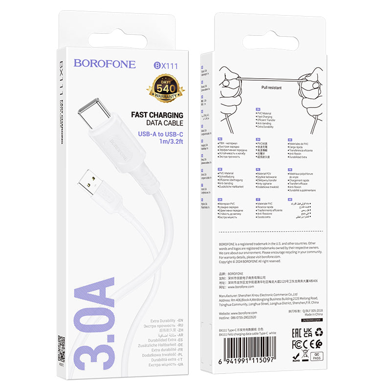 Data- og opladningskabel USB-A - USB-C Borofone BX111 Feliz, 20W, 1m, Hvid