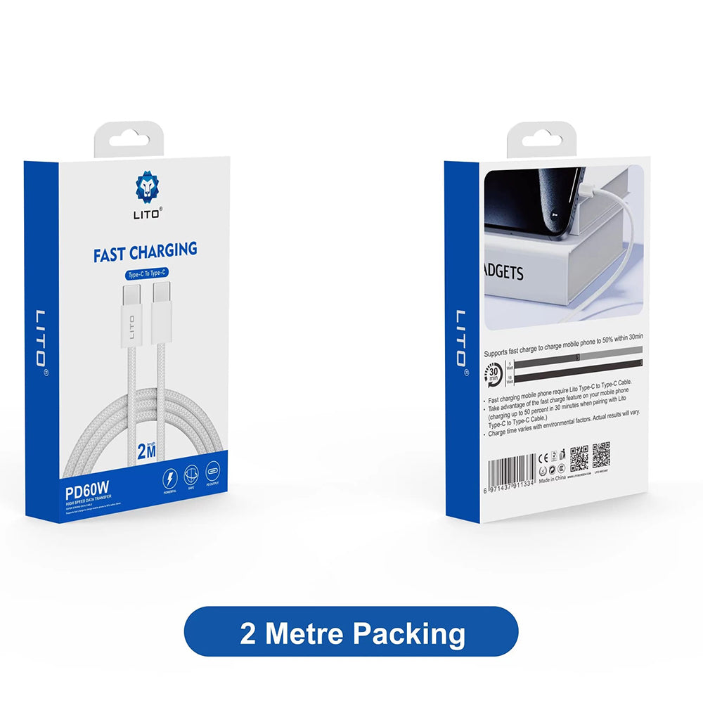 Data- og opladningskabel USB-C - USB-C Lito LD04CC, 60W, 2m, Hvid
