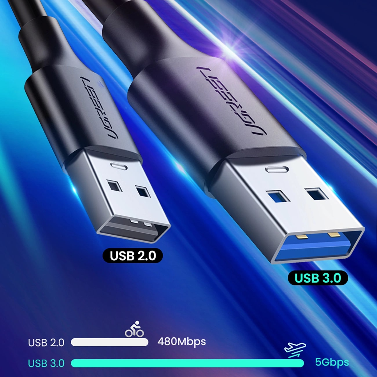 USB-A - USB-C UGREEN US184 data- og opladningskabel, 18W, 0.5m, Sort
