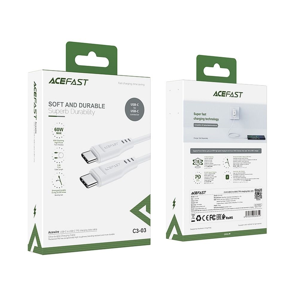 Data- og opladningskabel USB-C - USB-C Acefast C3-03, 60W, 1,2m, Hvid