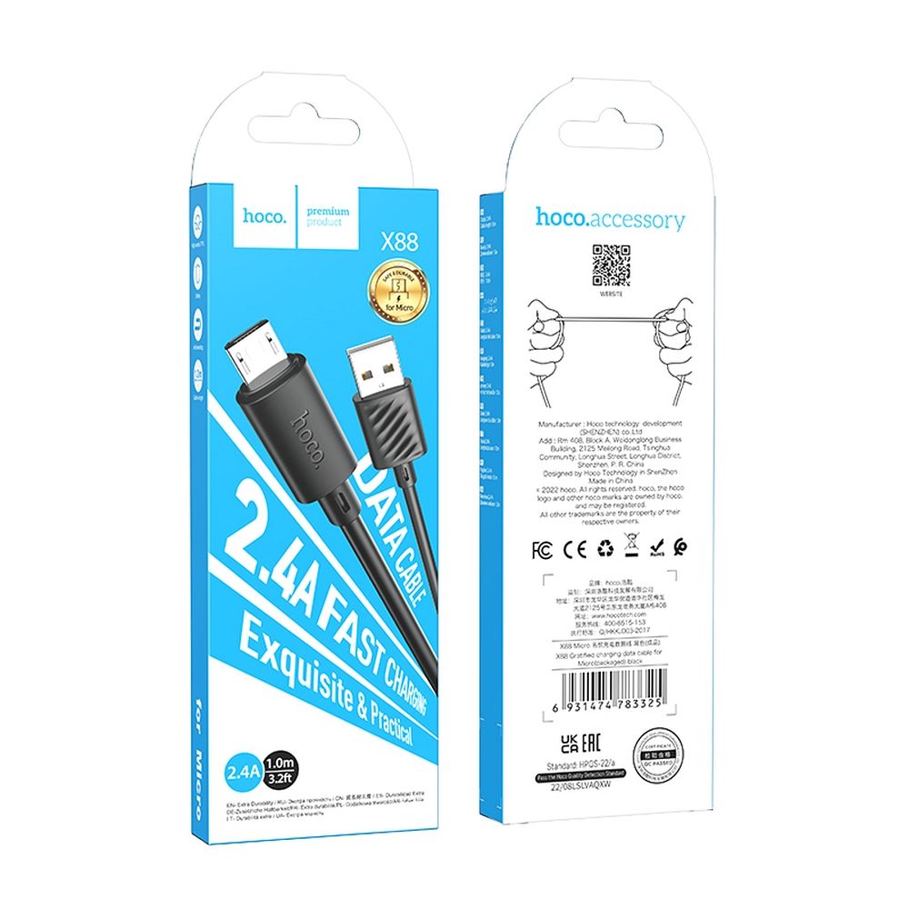 HOCO X88 USB-A - microUSB data- og opladningskabel, 18W, 1m, sort