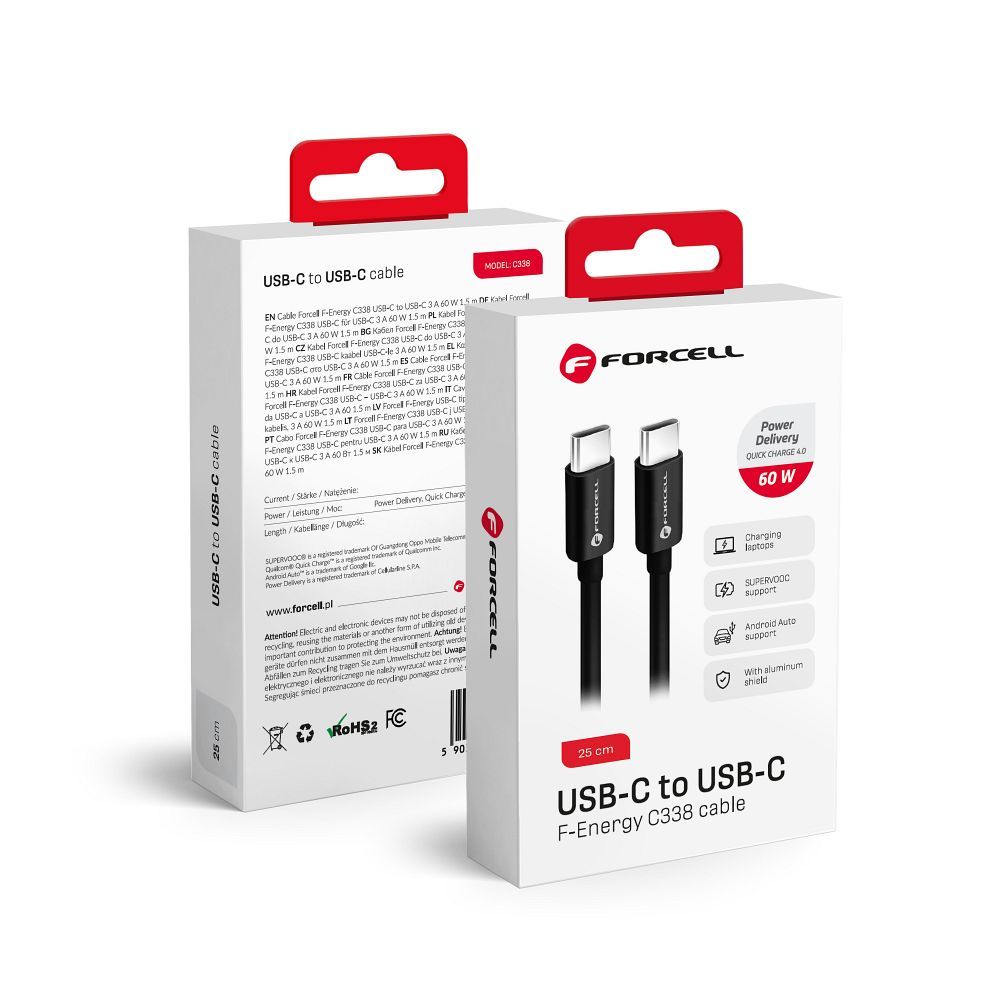 USB-C data- og opladningskabel - USB-C Forcell F-Energy C338, 60W, 0,25m, Sort