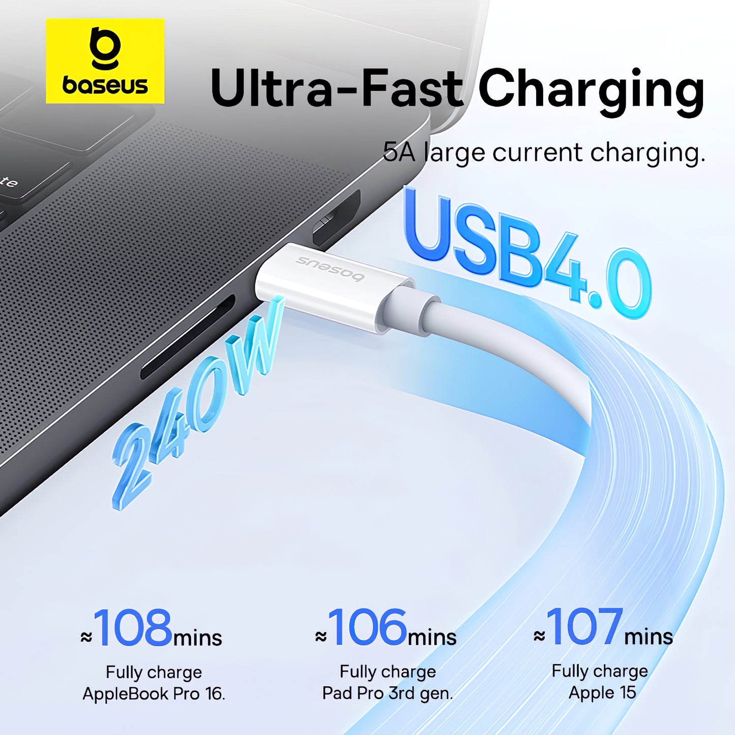 USB-C data- og opladningskabel - USB-C Baseus Superior Series 2, 240W, 1m, hvid P10365200211-02