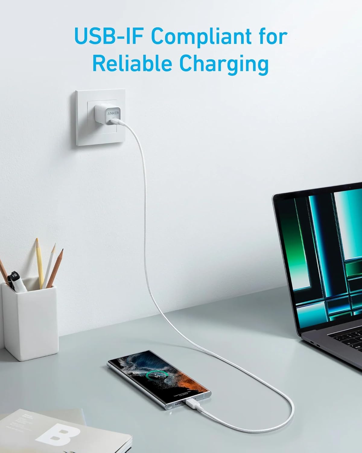 Data- og opladningskabel USB-C - USB-C Anker 322, 60W, 1,8m, Hvid A81F6G21