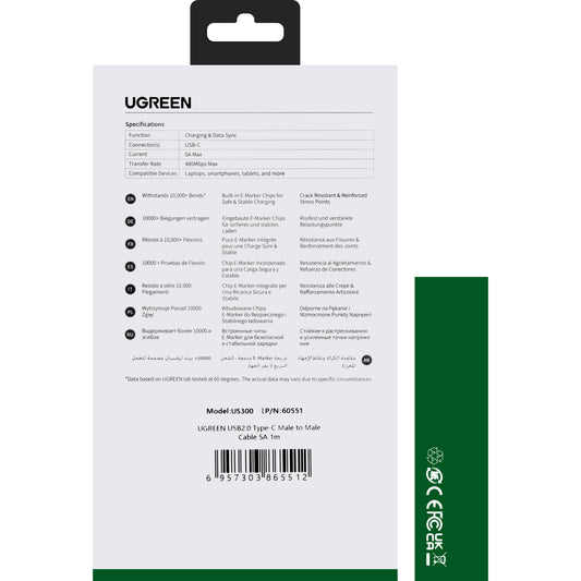USB-C data- og opladerkabel - USB-C UGREEN US300, 100W, 1m, hvid