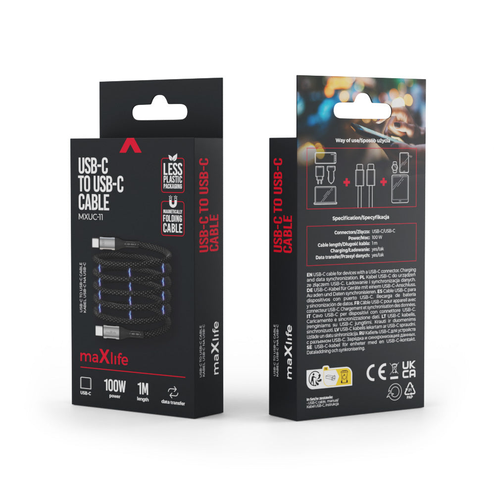 Data- og opladningskabel USB-C - USB-C MaXlife MXUC-11 Magnetisk, 100W, 1m, Sort