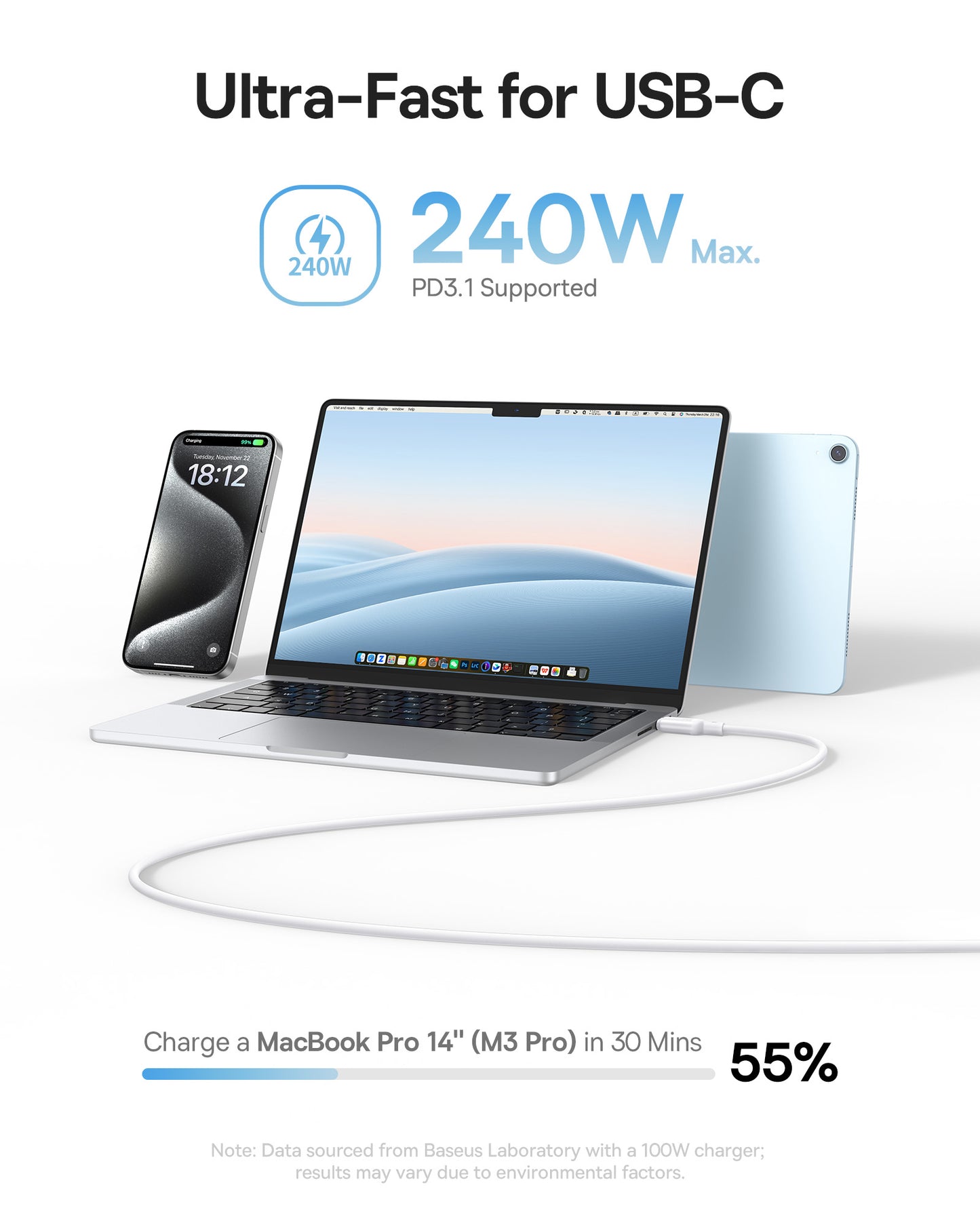 USB-C - USB-C Baseus PicoGo data- og opladningskabel, 240W, 1m, Hvid P10376800211-00