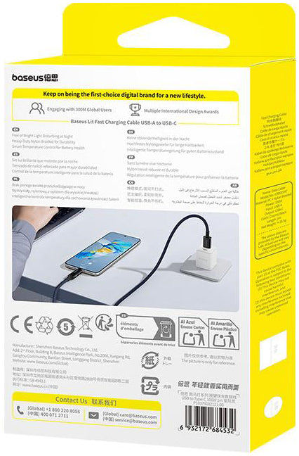 Data- og opladningskabel USB-A - USB-C Baseus Lit Button Control, 100W, 1m, Sort P10379002121-00