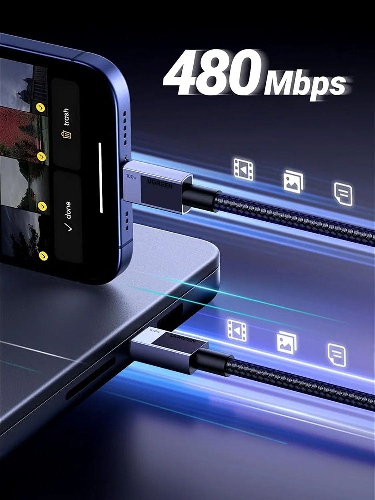 Data- og opladningskabel USB-C - USB-C UGREEN L512, 100W, 0,5m, Grå