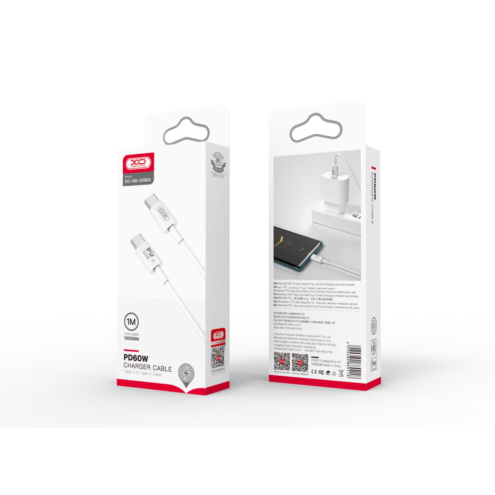 Data- og opladningskabel USB-C - USB-C XO Design NB-Q190A, 60W, 1m, Hvid
